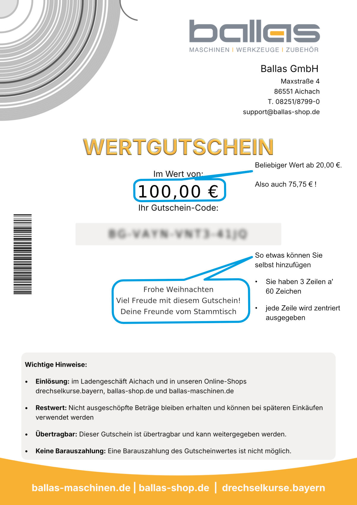 Gutschein Detailansicht mit Erklärungen