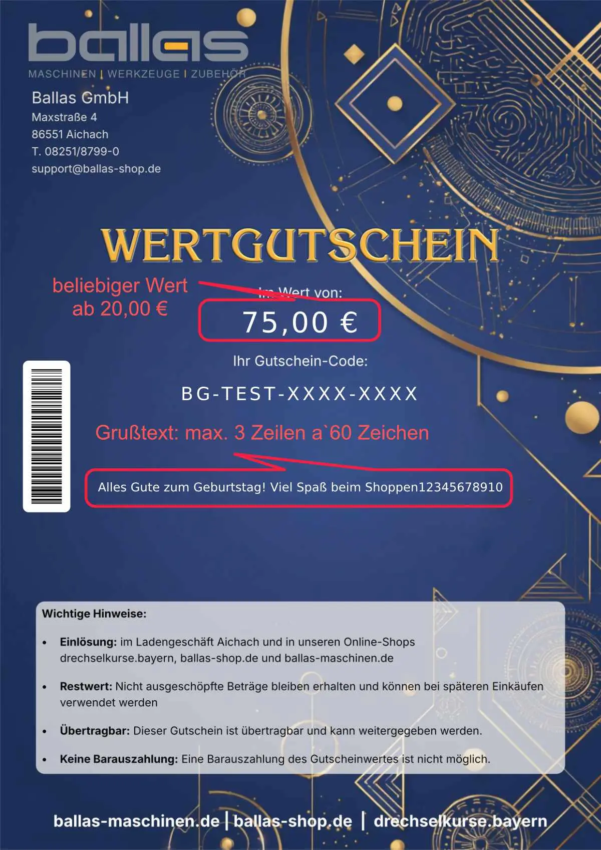 Gutschein Detailansicht mit Erklärungen